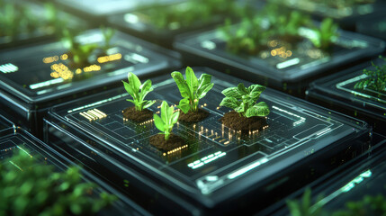 Futuristic concept of digital farming showing plants growing on a tech interface, highlighting innovation in agriculture technology.
