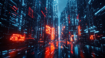 Fototapeta premium Futuristic cyberpunk cityscape with neon lights and glowing buildings, reflecting off wet streets in a mesmerizing nighttime scene.