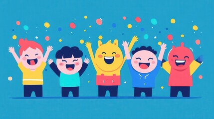 Fototapeta premium Joyful Cartoon Kids Celebrating with Colorful Confetti on Blue Background