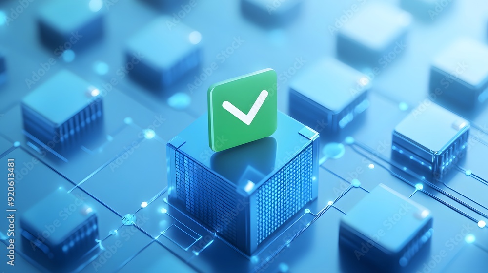 Poster digital verification checkmark on a blue block with connected lines symbolizing blockchain technolog