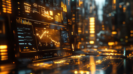 Futuristic digital dashboard displaying financial data and graphs in a high-tech urban environment. Perfect for technology and finance themes.