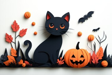 Whimsical Paper Art Black Cat with Pumpkin Halloween Design