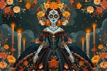 Fototapeta premium Queen of Dia de los Muertos in colorful, embroidered dress with a floral crown, painted calavera face, holding marigolds, surrounded by traditional elements. Day of the Dead. AI