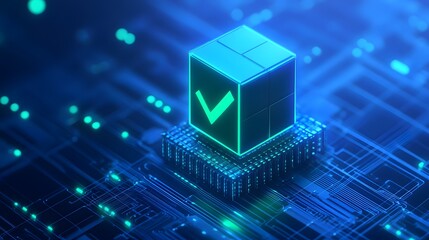 Futuristic 3D render of a glowing cube with a check mark on a microchip, symbolizing blockchain technology and data verification.