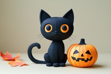 Obraz premium Whimsical Paper Art Black Cat with Pumpkin Halloween Design