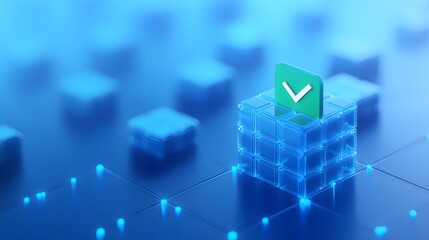 Futuristic blockchain technology concept with a glowing verification checkmark on a digital cube. Secure data transfer in virtual networks.