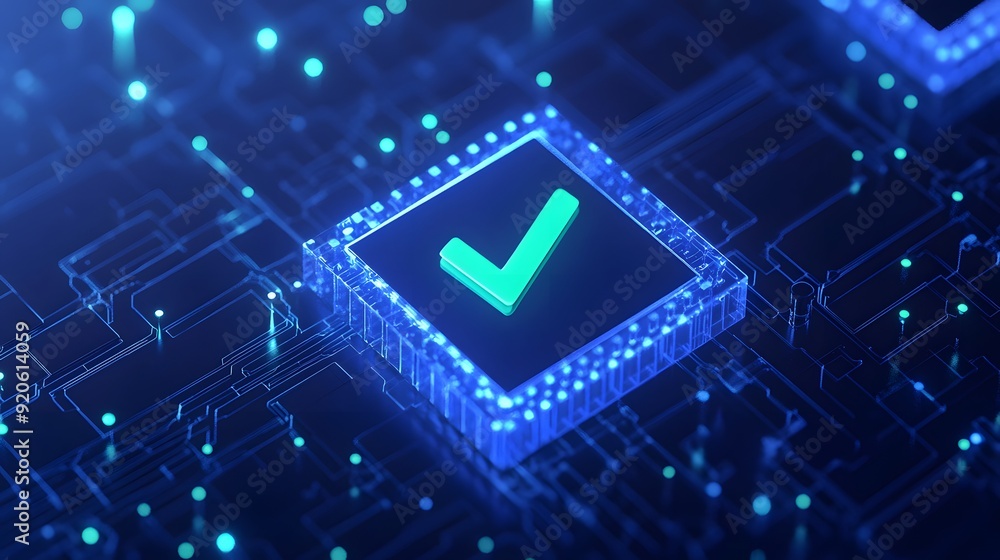 Poster futuristic check mark icon glowing in blue digital environment, symbolizing verification, security, 