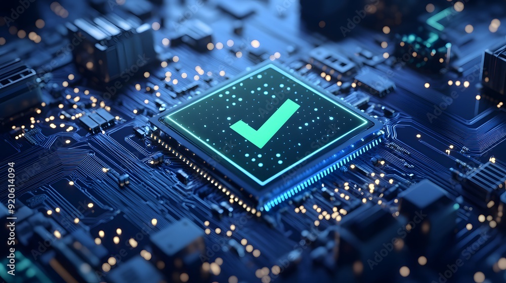 Poster futuristic circuit board with a glowing checkmark. concept of technology, security, and digital veri