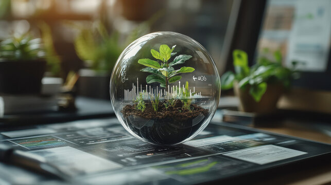 Growing plant inside a transparent globe with digital data overlay, symbolizing eco-friendly technology and sustainable growth.