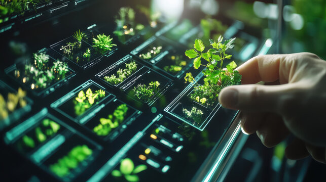 Hand holding small plant samples in a laboratory, showcasing scientific research and biotechnology advancements with vibrant, healthy seedlings.