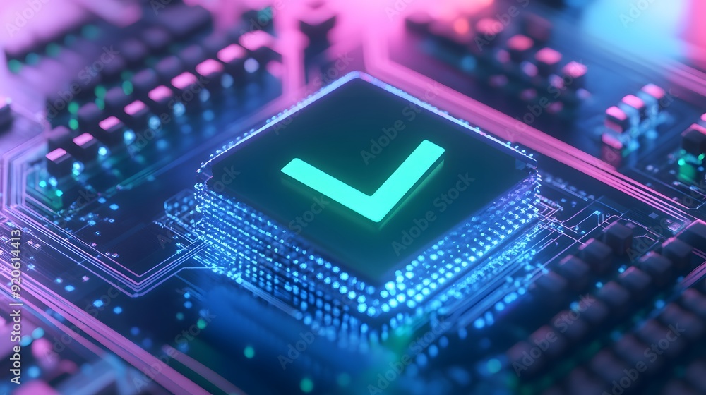 Poster futuristic circuit board with glowing checkmark symbolizing technology approval and validation. idea