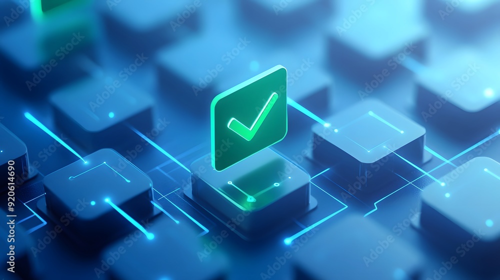 Poster futuristic digital background featuring a green checkmark on a circuit board, symbolizing technology