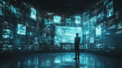 Obraz premium Silhouette of a person standing in a room surrounded by digital screens displaying data with a futuristic blue glow.