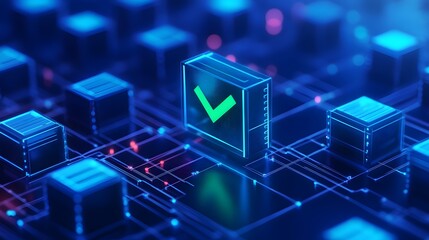 Futuristic digital blockchain network with a green check mark symbolizing security and verification.