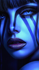 Model is posing with artistic makeup in blue light