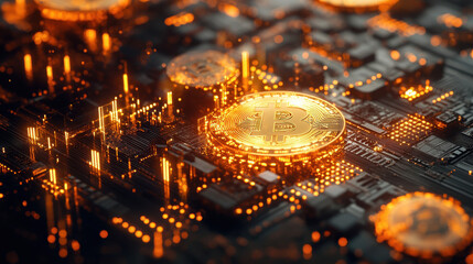 Stack of glowing Bitcoin on a digital background symbolizing cryptocurrency investment, blockchain technology, digital finance.