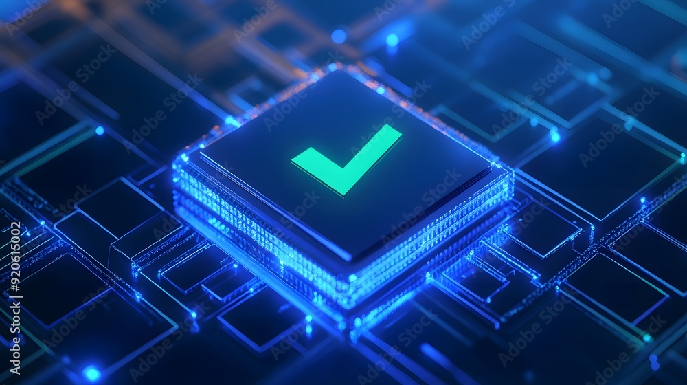 Poster futuristic digital checkmark button glowing in a blue circuit board environment, representing techno