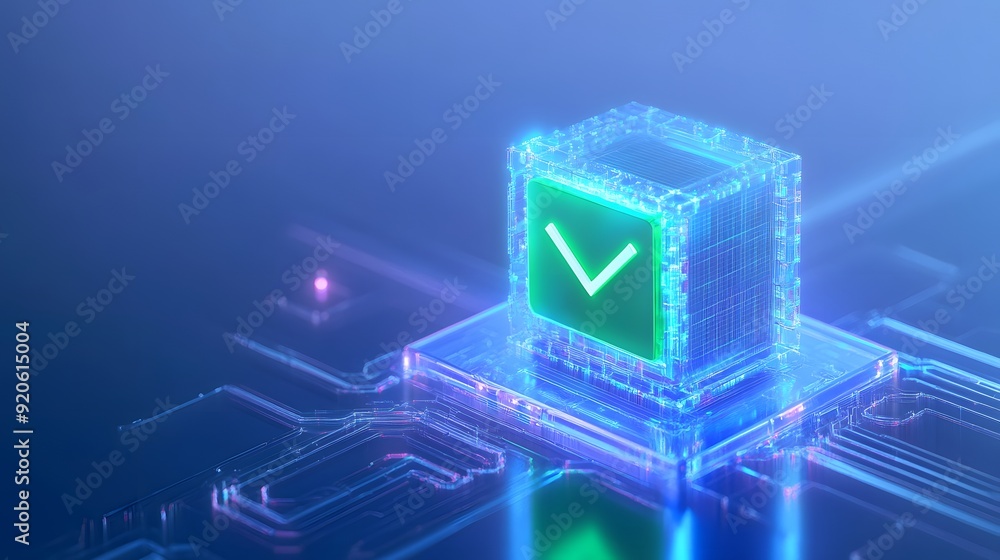 Poster futuristic digital checkmark icon illuminating on a circuit board, representing technology verificat