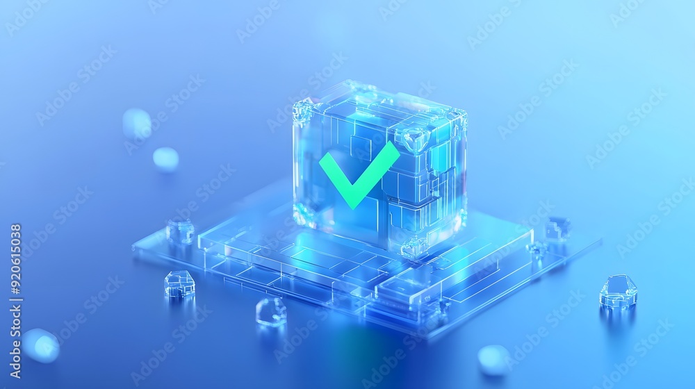 Poster Futuristic digital checkmark icon on a transparent block with a blue background, representing technology and verification.
