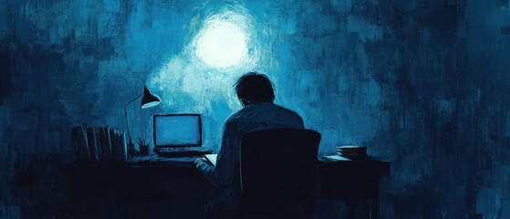 A person studying late into the night, with depression encircling the scene like a shadow
