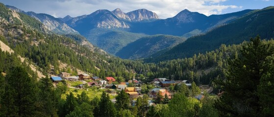 Historic gold mining town nestled in a valley surrounded by towering peaks and lush forests