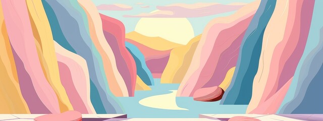 Cartoon illustration of a pastel colored valley landscape bathed in the sunlight at sunset.