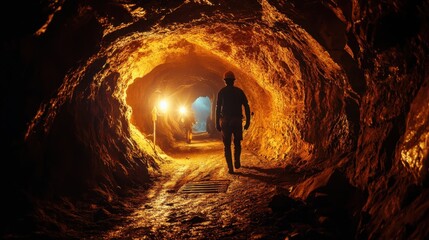Underground gold mining with miners and lanterns illuminating rich veins in the rock
