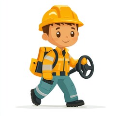 Fototapeta premium Cute Cartoon Construction Worker With Backpack And Steering Wheel