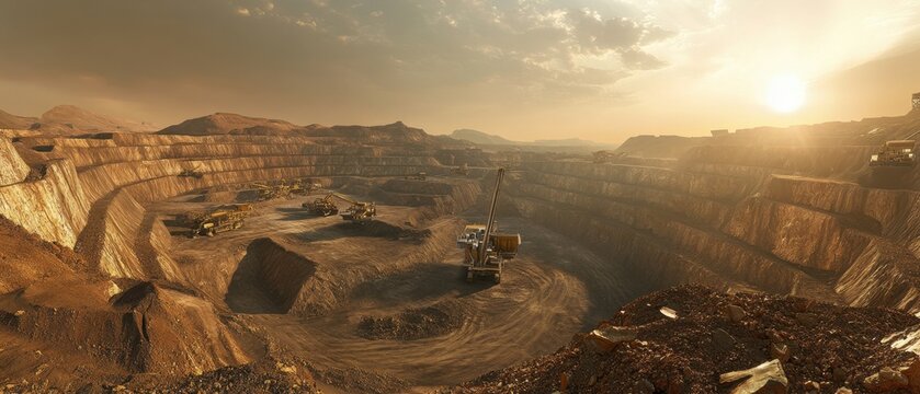 A panoramic view of a massive gold mine with heavy machinery and endless golden layers