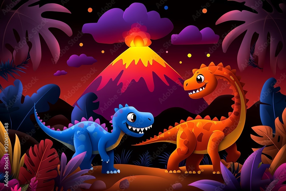 Poster a vibrant illustration of a dinosaur stampede, with different species running across a prehistoric p