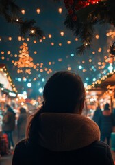 Fototapeta premium Christmas Eve Serenity: A Woman Admires the Festive Ambiance of a City Christmas Market, Embracing the Season's Warmth and Joy.