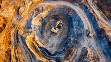 Aerial view of an expansive gold mining operation with winding roads and excavators