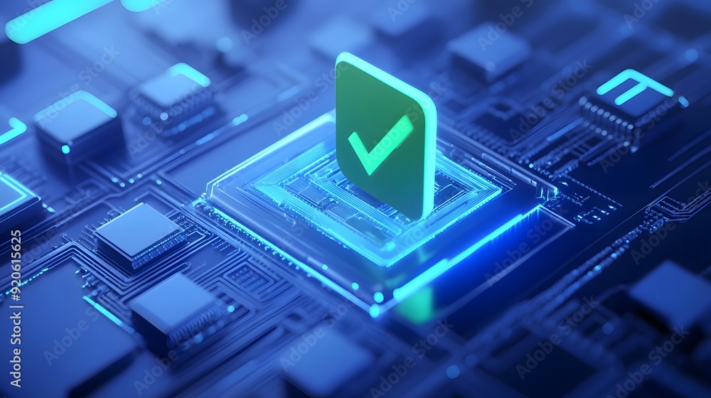 Poster futuristic digital circuit board with a glowing green checkmark, symbolizing technology validation a