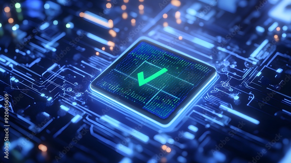 Poster futuristic digital circuit board with a glowing green check mark, symbolizing technology verificatio