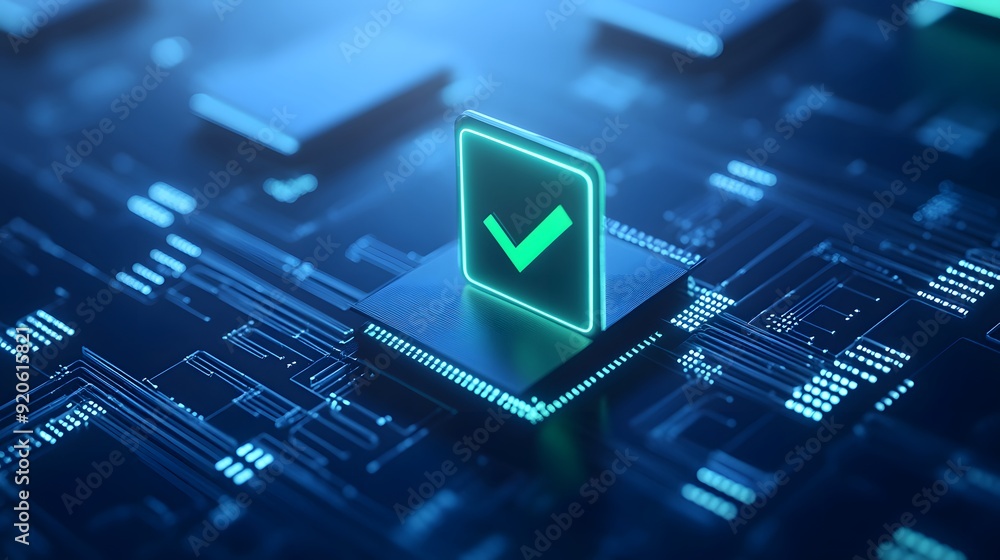 Poster futuristic digital computer chip with a glowing check mark, representing technology innovation, secu