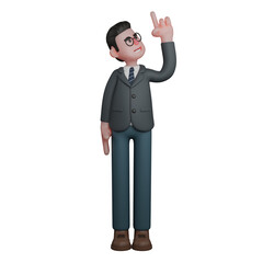 Male Teacher in 3D. A Man in a Formal Suit Pointing Up With His Right Hand. Classroom Illustration