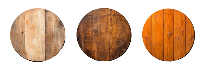 Rustic wooden round board isolated on transparent background