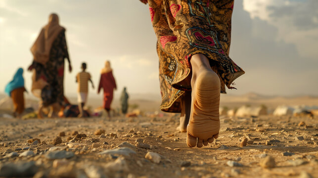 Person's foot stepping in desert during arduous migration journey.