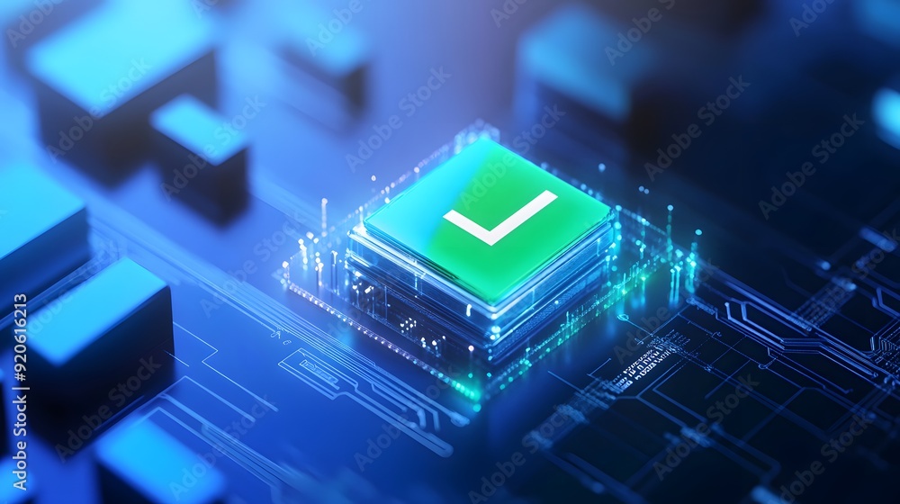 Poster futuristic digital microchip with a glowing check mark symbol, representing technology approval and 