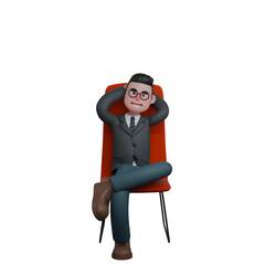 Cartoon Male Teacher. A Man in a Formal Suit Sits on a Chair in a Very Relaxed Position.. 3D Classroom Character