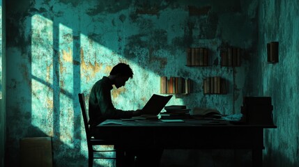 A person studying alone in a dimly lit room with a shadow of depression looming over
