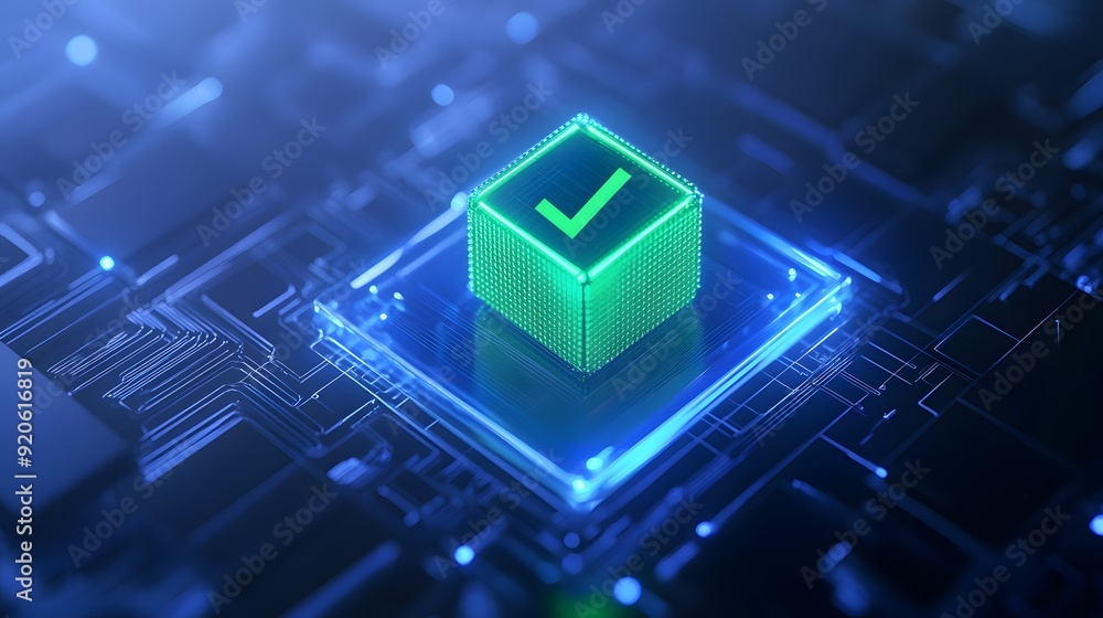Poster futuristic glowing green checkmark on a microchip, symbolizing digital verification and technology i