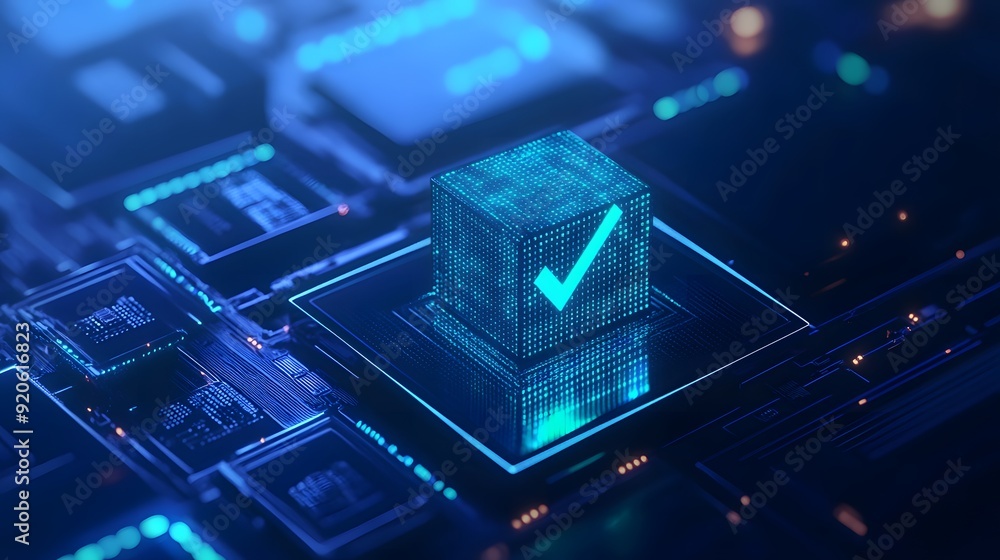 Poster futuristic glowing cube with a checkmark on a microchip represents digital approval or verification 