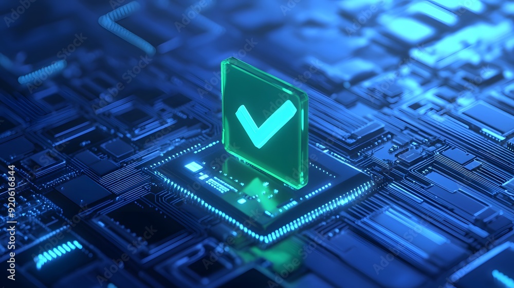 Poster futuristic green checkmark icon on a glowing computer circuit board symbolizing technology, security