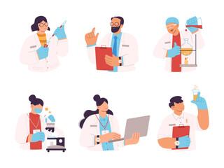 Set of nurse, doctor, and scientists in lab performing various experiments. Professional lab research, chemistry doctor workers and science researchers. Flat vector illustration
