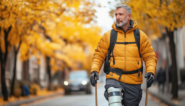 Hiker with a prosthetic leg is walking down a city street in autumn