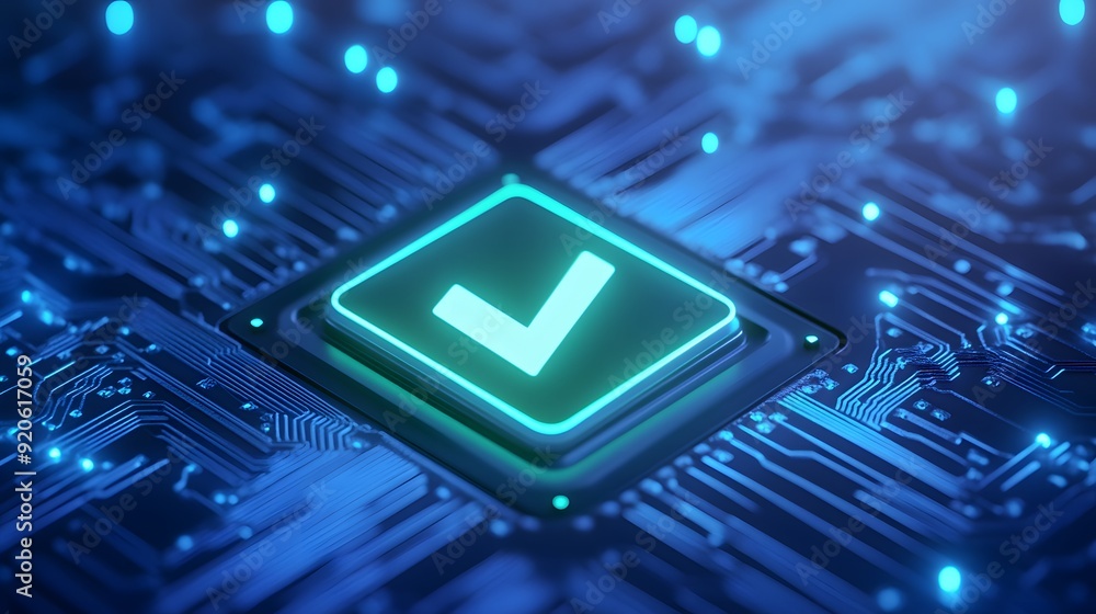 Poster futuristic microchip with a glowing checkmark symbolizing digital approval, safe technology, or secu