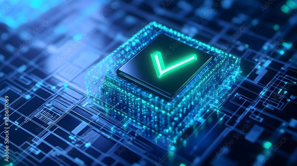 Poster futuristic microchip with a glowing green check mark, representing technology, innovation, and cyber