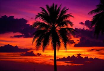 silhouette palm tree vibrant sunset sky rich colors gradients background, outline, tropical, evening, nature, landscape, horizon, light, scenery, beautiful