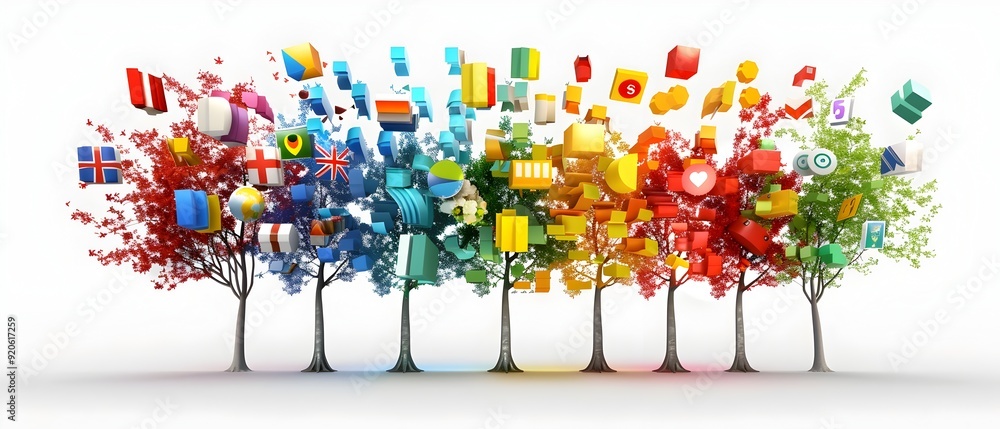 Poster abstract trees with colorful geometric shapes.